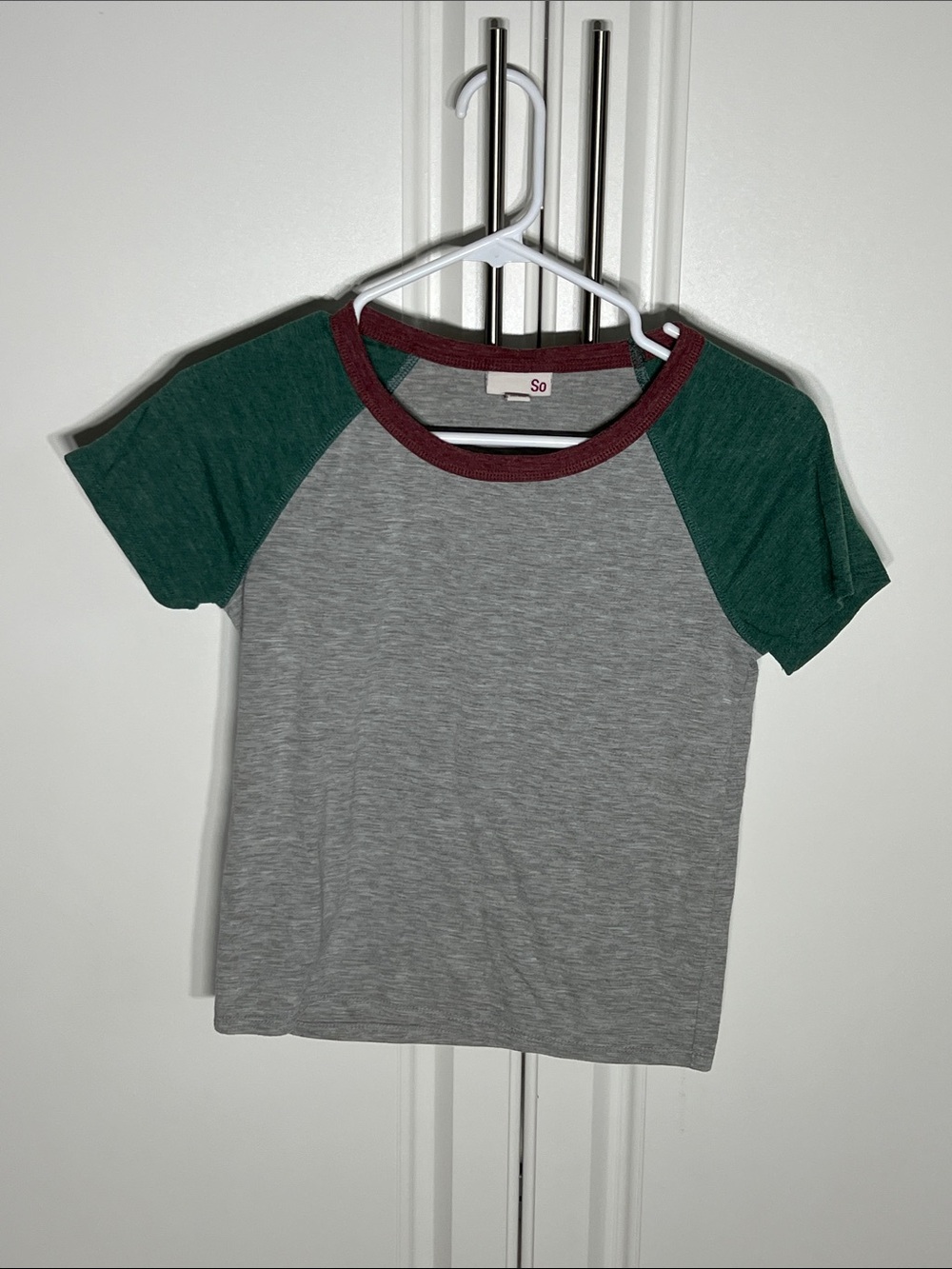 SO Heather Gray Tee with Green Sleeves and Maroon Trim